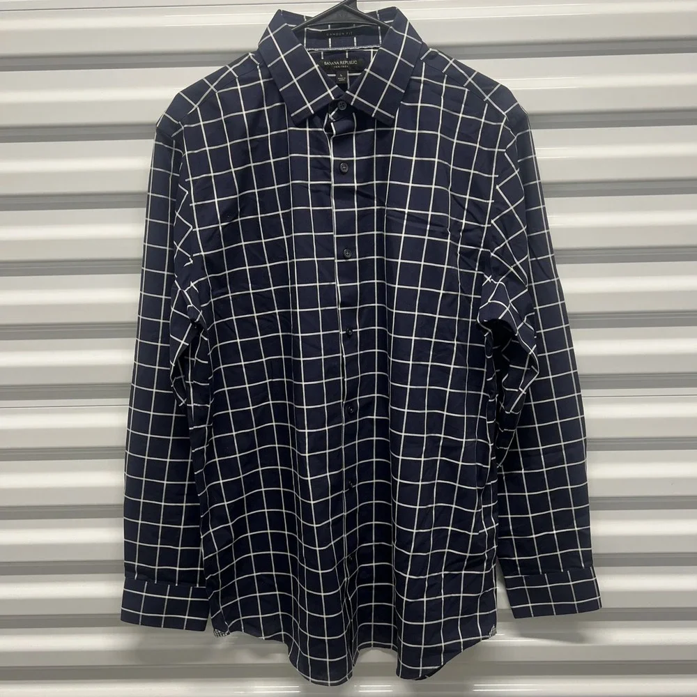 Banana Republic Mens Shirt Large Cotton Navy Blue Windowpane Camden Fit Non-Iron